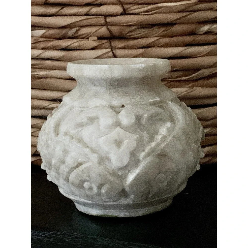 Vintage Chinese Hand Carved Soapstone Vase Double Koi Fish Motif Asian Decor